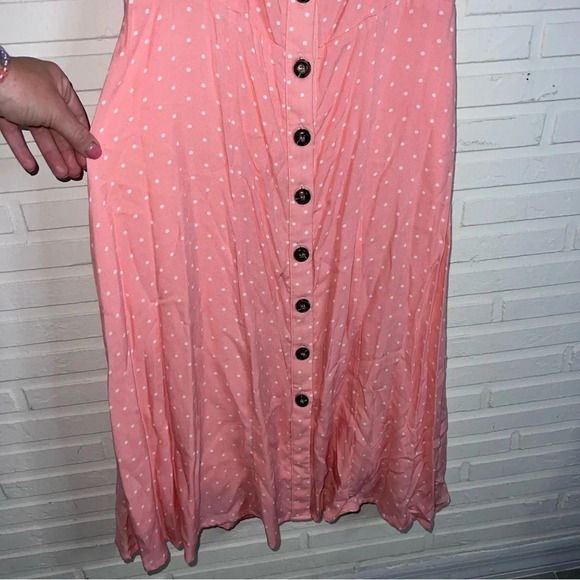 Gibson Pink White Polka Dot Puffed Short Sleeve Midi Smocked Dress, Size Small - Picture 3 of 9